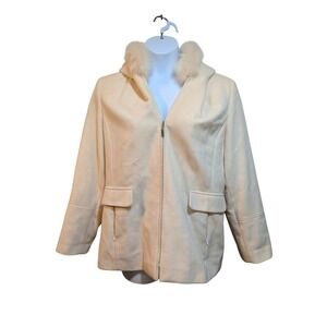 VTG B. Moss XL Ivory Wool Blend Fox Fur Trim Hooded Jacket Snow Bunny‎ *Flaws